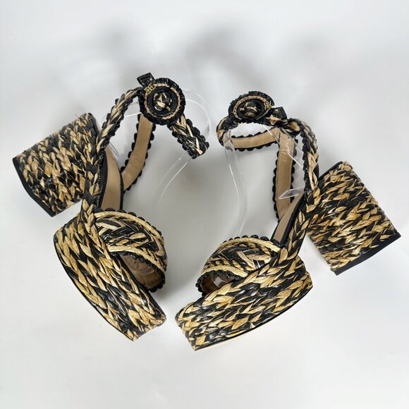 Sam Edelman Black Natural Raffia Lliana sz 7 Woven Platform Sandals Ankle Strap - Picture 7 of 15